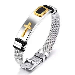 Pulseira Masculina com Cruz – Aço Inox Prata